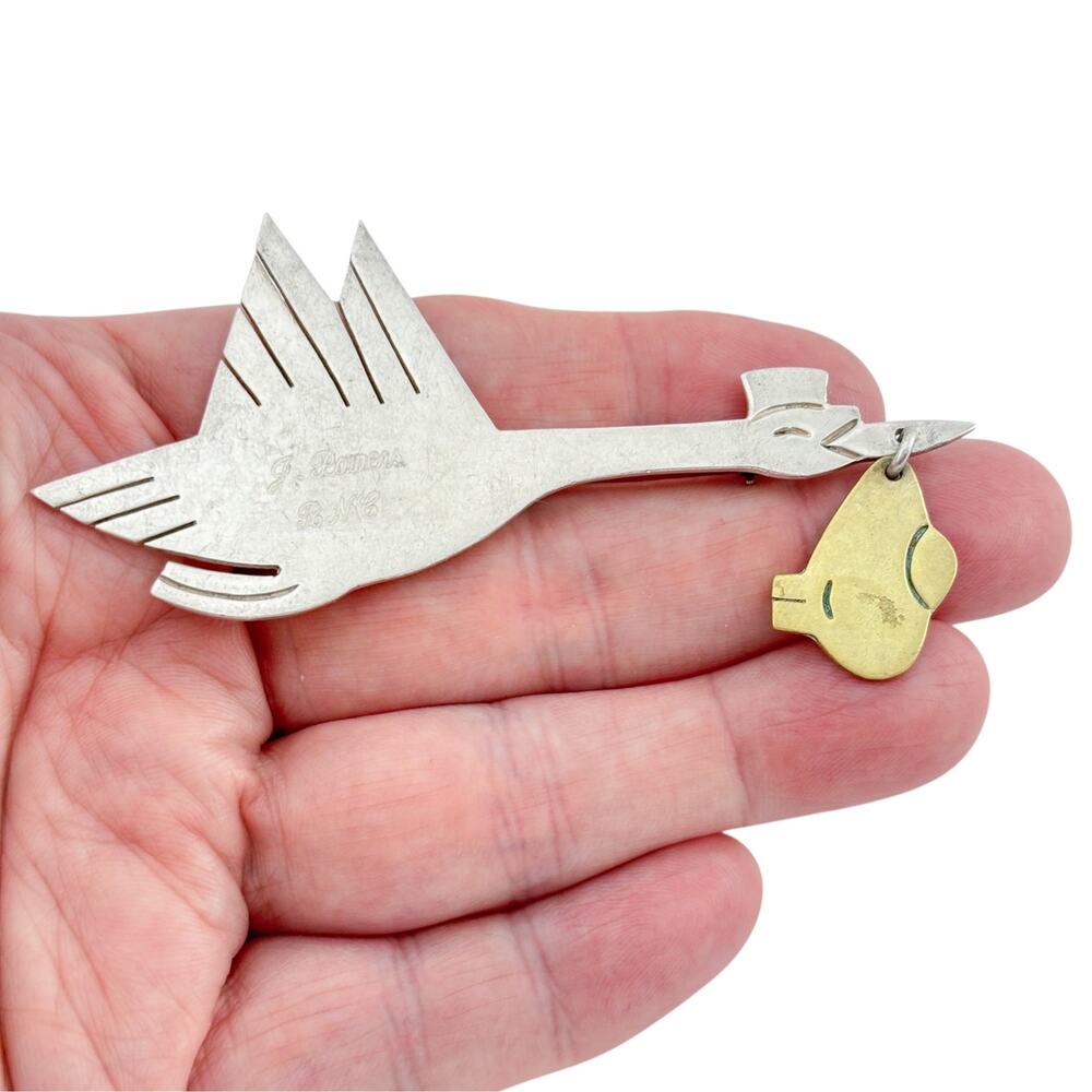 Vintage Taxco Mexico Sterling Silver 925 Stork & Baby Monogrammed Brooch